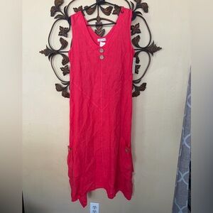 Vibrant Pink 100% Italian Linen Faux Button-Front Lagenlook Dress Size XS/S
